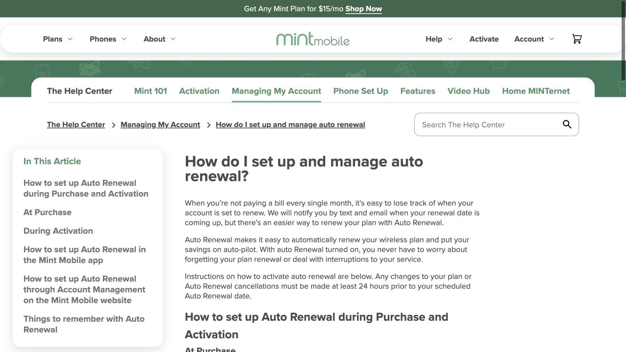 Mint Mobile official help page stating that Auto Renewal cancellations must be made at least 24 hours before renewal