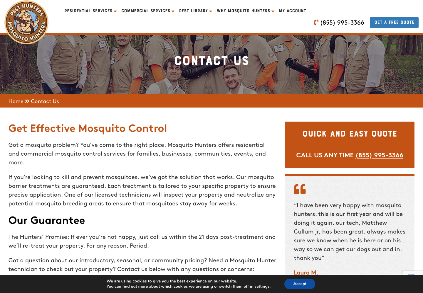 Mosquito Hunters official public support page used to verify this cancellation guide