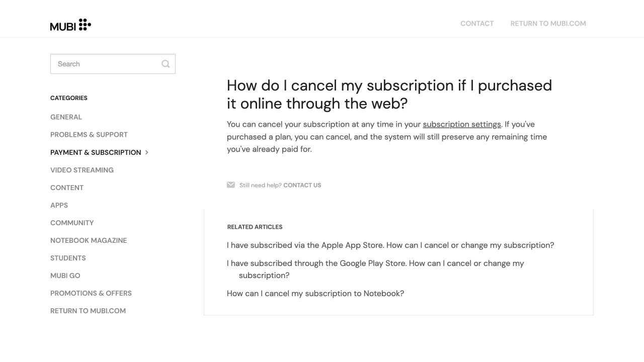 MUBI FAQ explaining how to cancel a web subscription