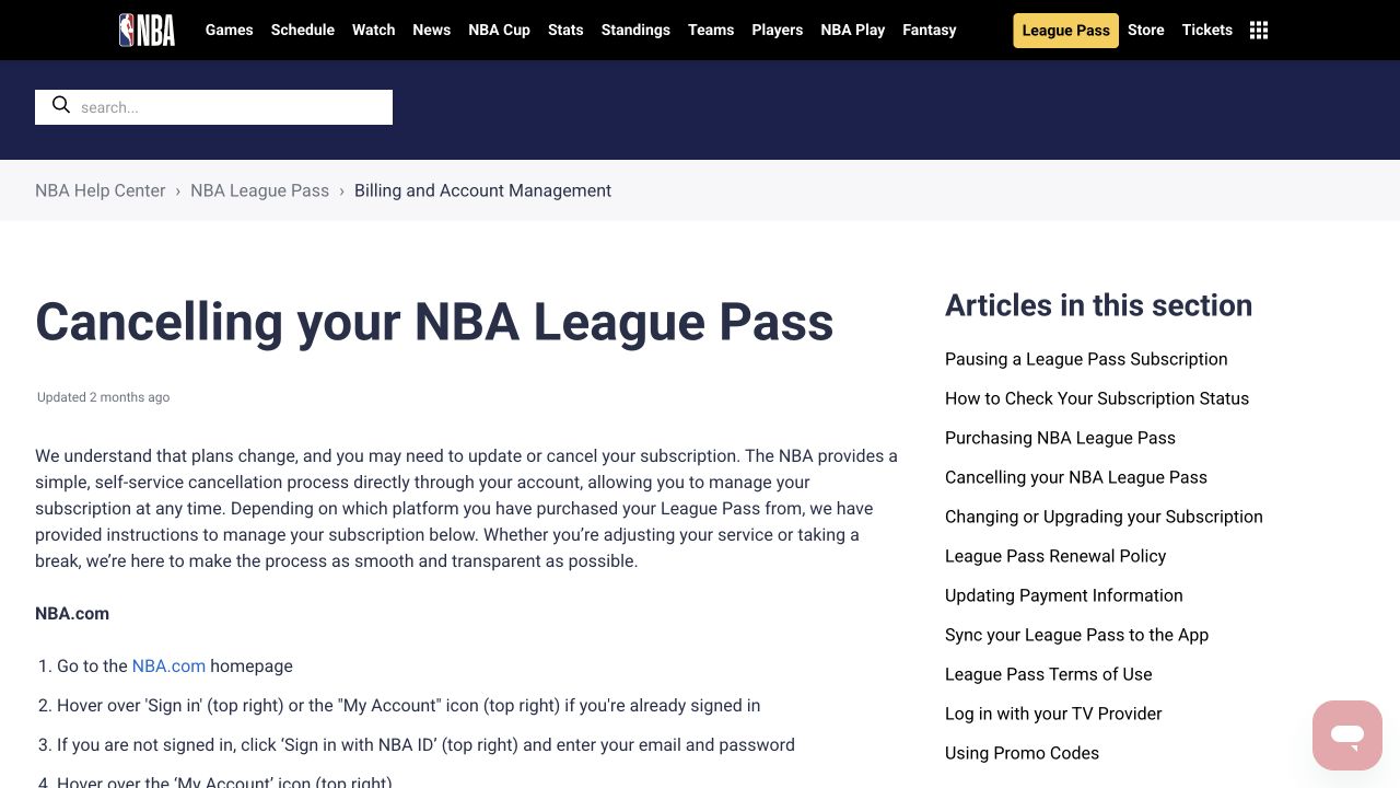 NBA Help Center cancellation article for League Pass