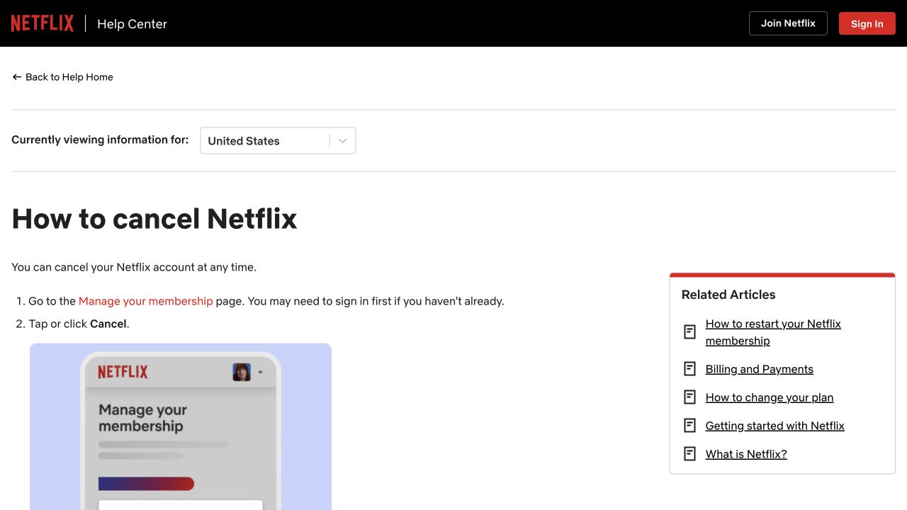 Netflix public Help Center showing the Manage your membership cancellation instructions