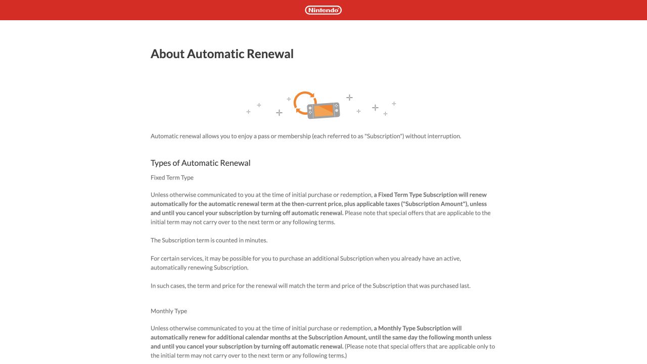 Nintendo information about cancelling automatic renewal