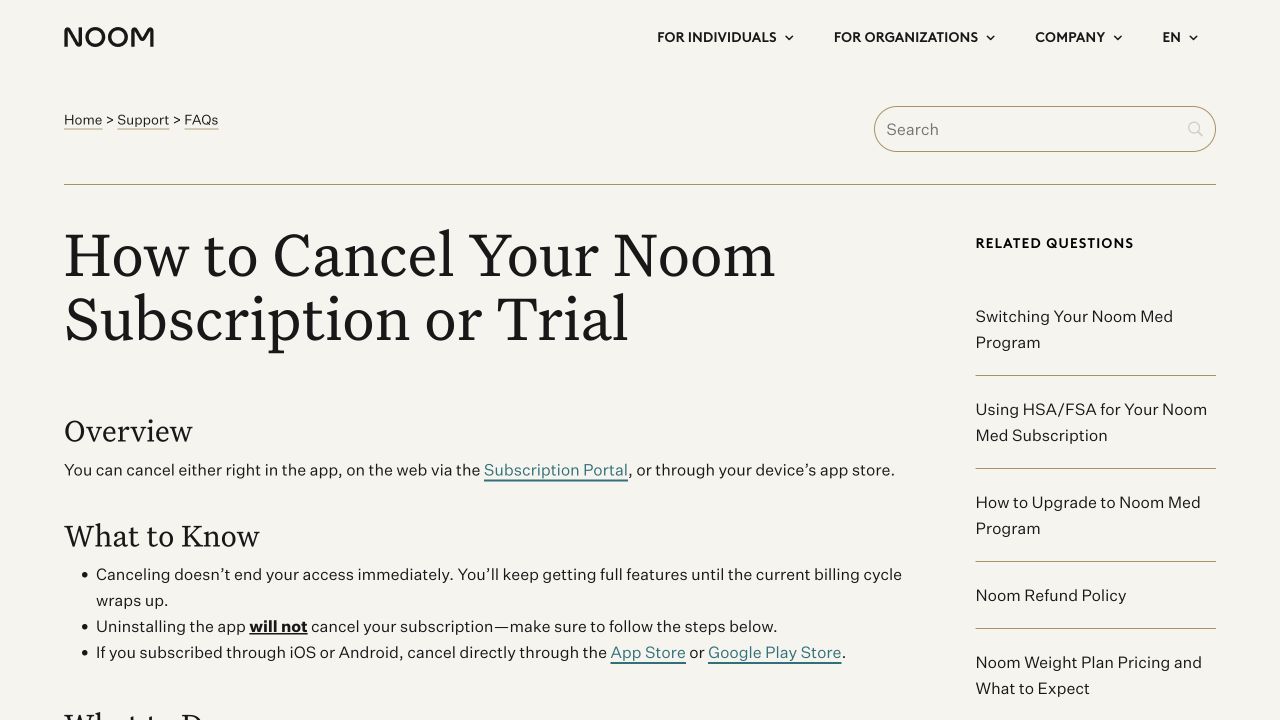 Official Noom cancellation help page
