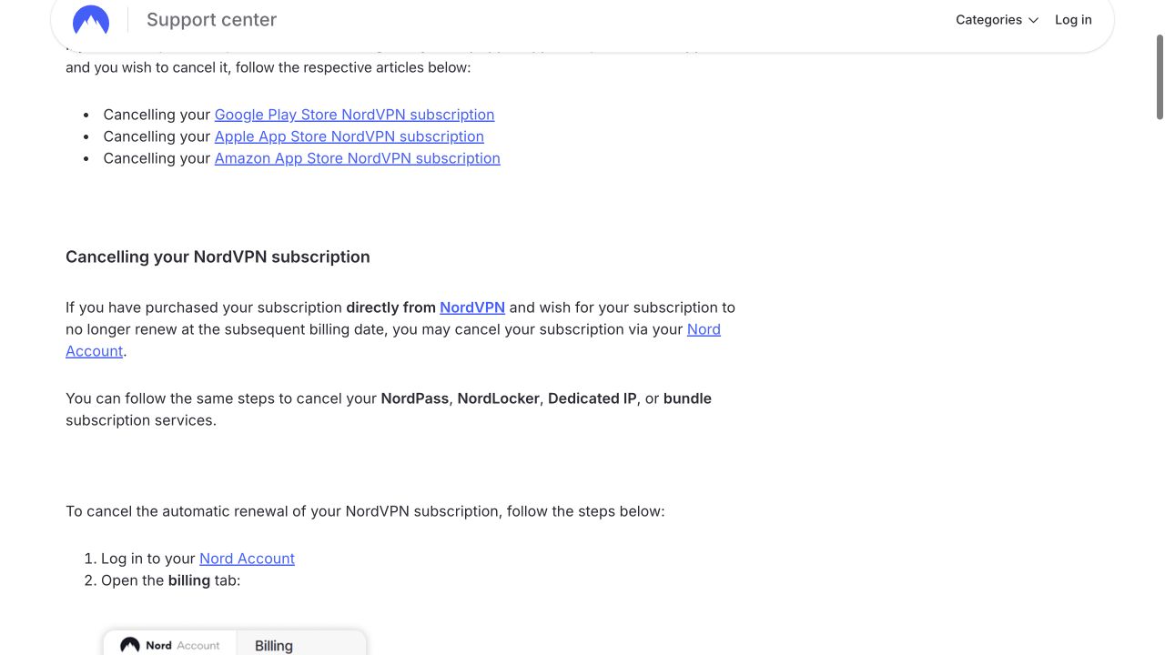 NordVPN Support listing the Nord Account billing steps to turn off auto-renewal