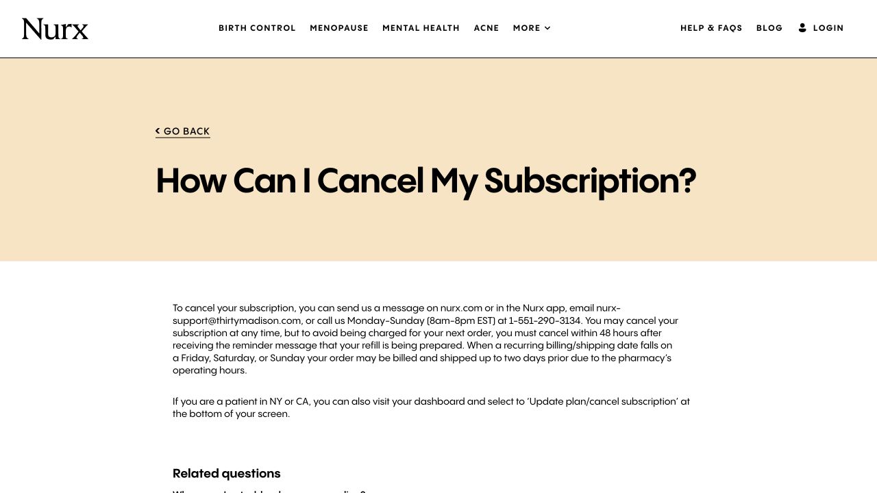 Nurx official cancellation instructions with contact methods and the 48-hour refill cutoff