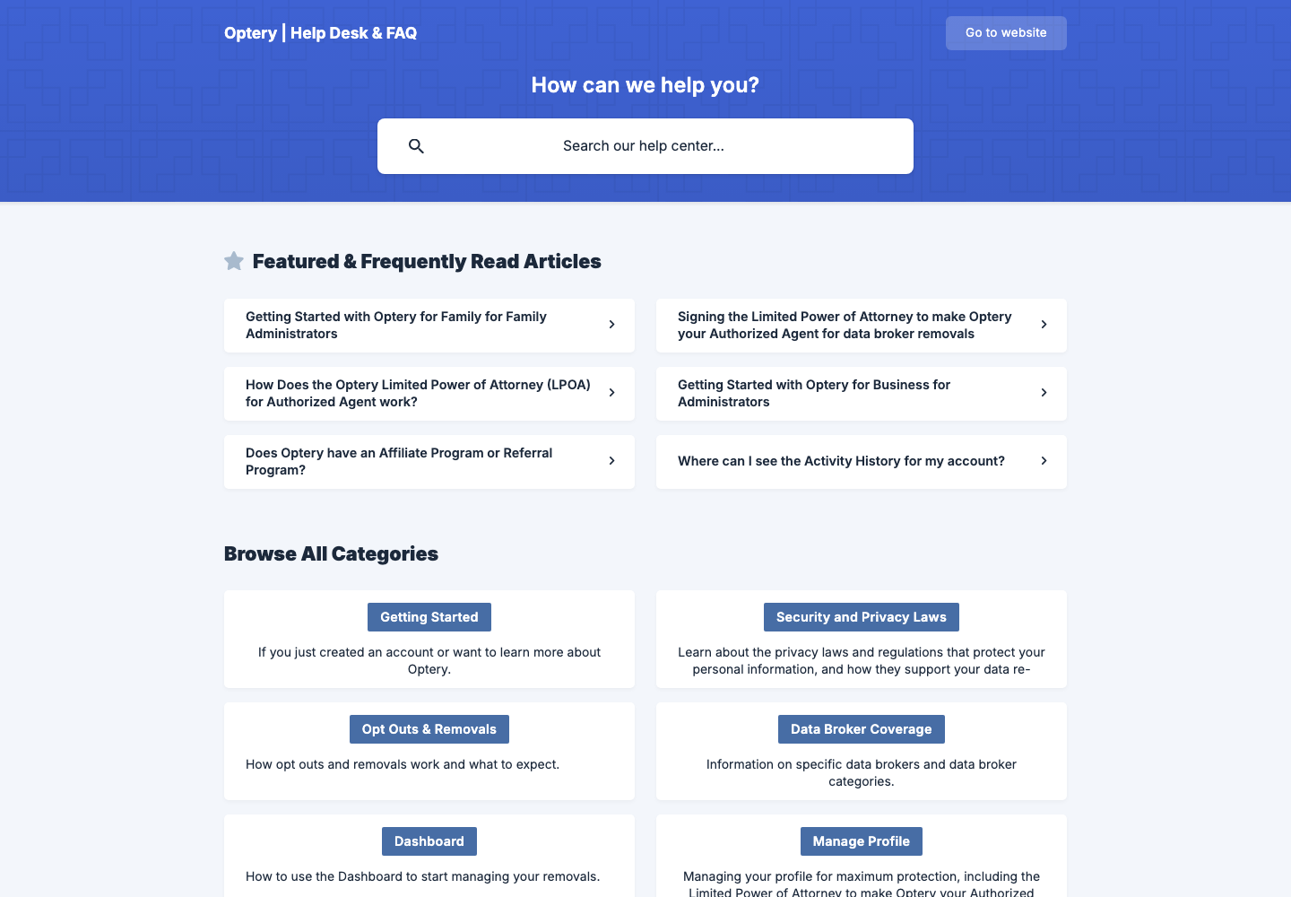 Optery official public support page used to verify this cancellation guide