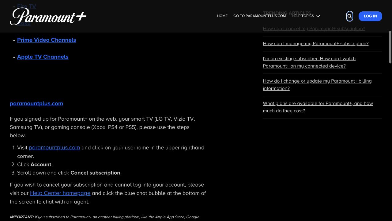 Paramount Plus public Help Center listing the website cancellation steps