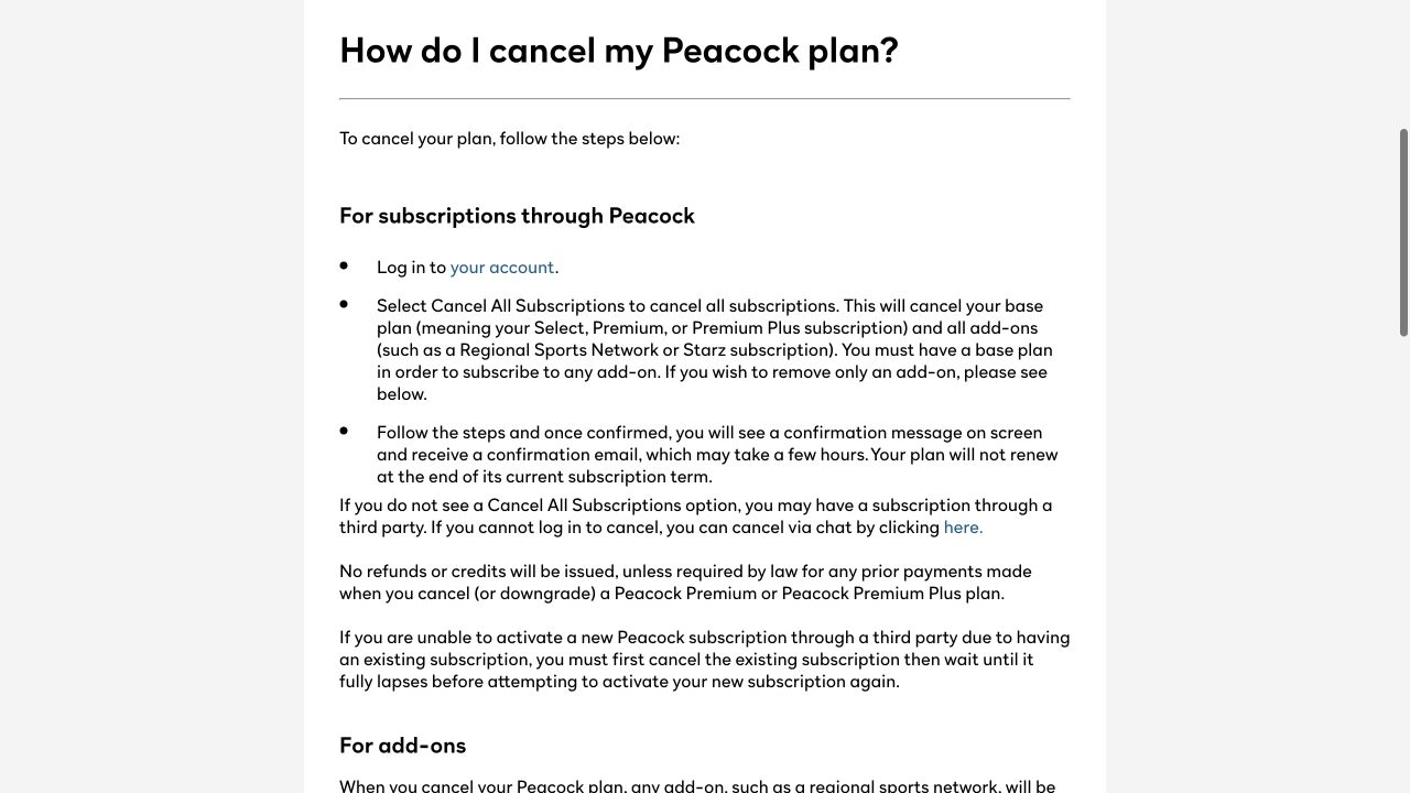 Peacock public Help Center explaining how to cancel subscriptions billed through Peacock
