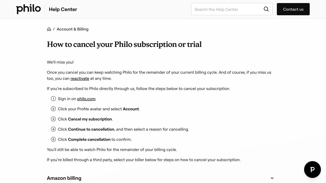 Philo Help Center listing the five steps to cancel a direct subscription