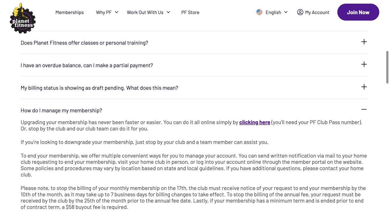 Planet Fitness public FAQ showing cancellation methods and notice deadlines
