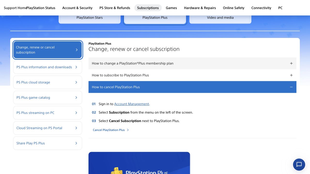 PlayStation Support showing the three steps to cancel PlayStation Plus