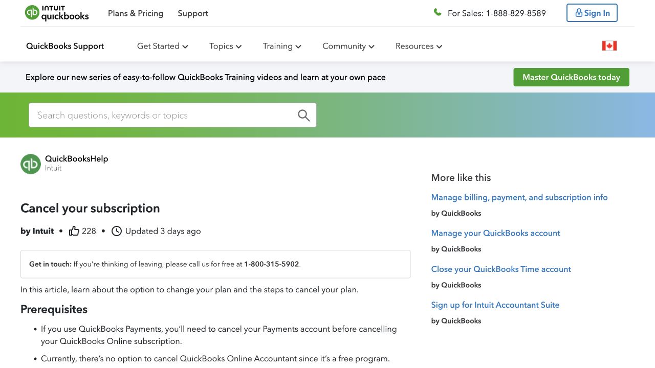 QuickBooks official subscription cancellation article