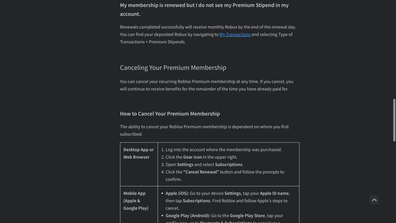 Roblox Support table showing cancellation steps for desktop, web, Apple, and Google Play