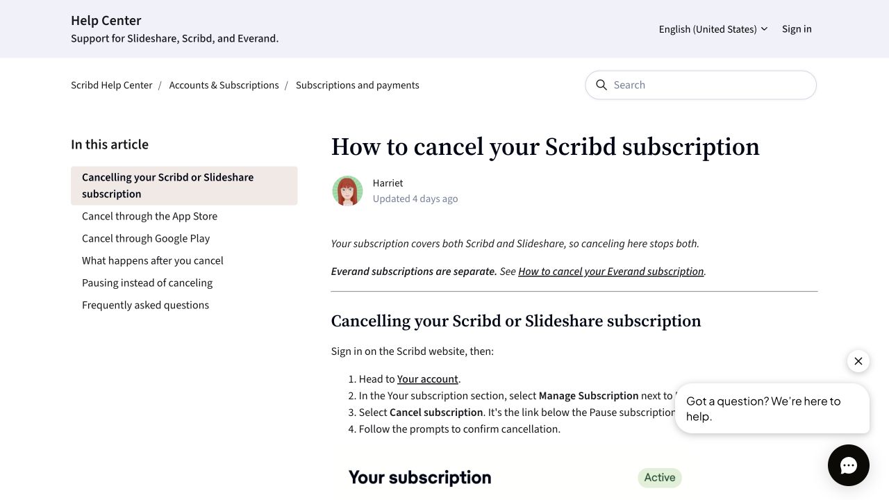 Scribd Help Center listing the steps to cancel a direct Scribd subscription