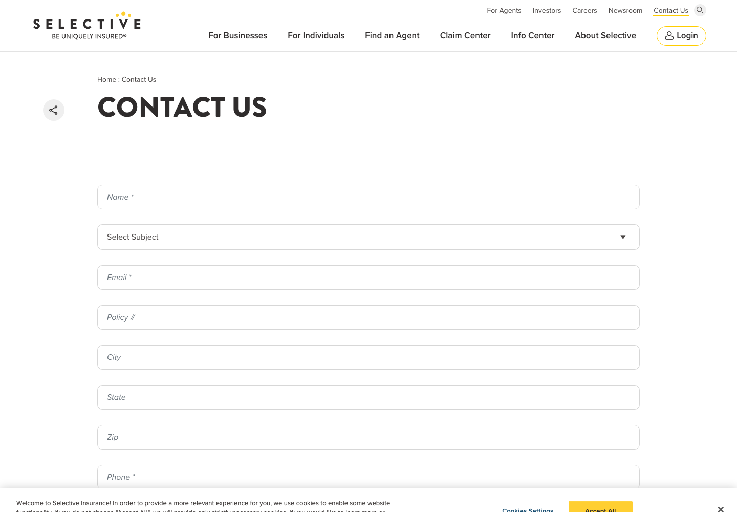 Selective Insurance official public support page used to verify this cancellation guide