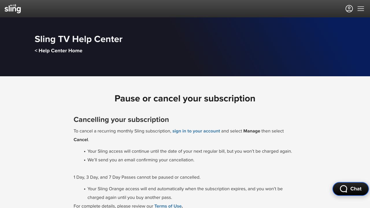 Sling TV public Help Center showing the Manage then Cancel steps