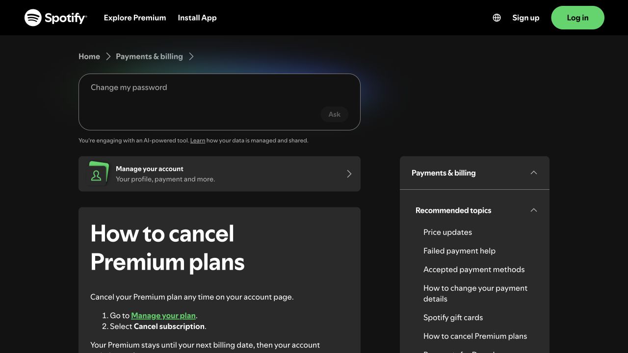 Spotify public Support page showing the two steps to cancel a Premium plan