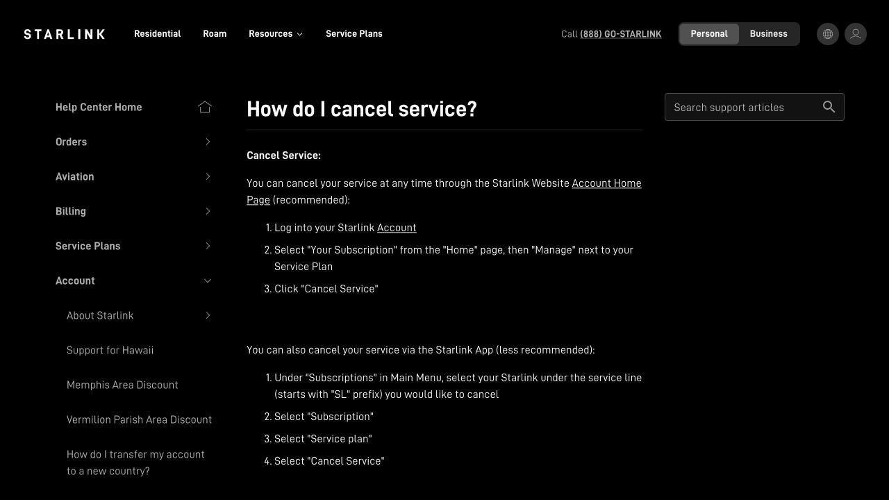 Starlink official online cancellation steps