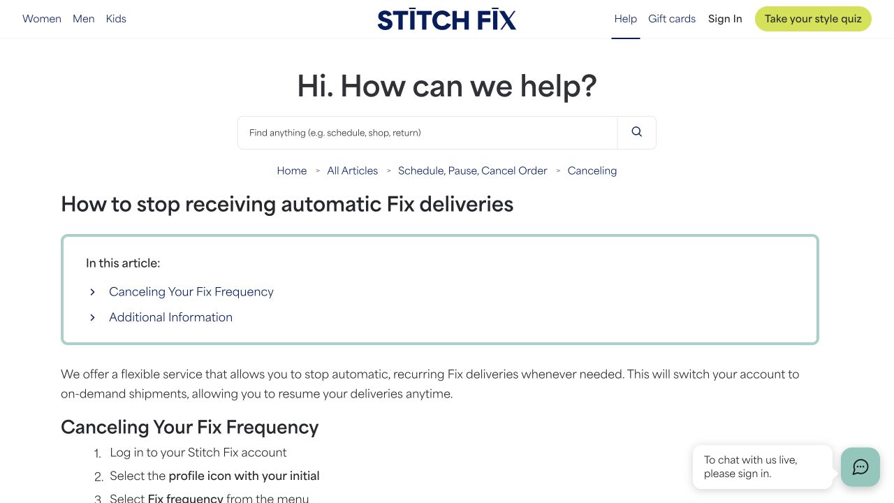 Official Stitch Fix cancellation help page