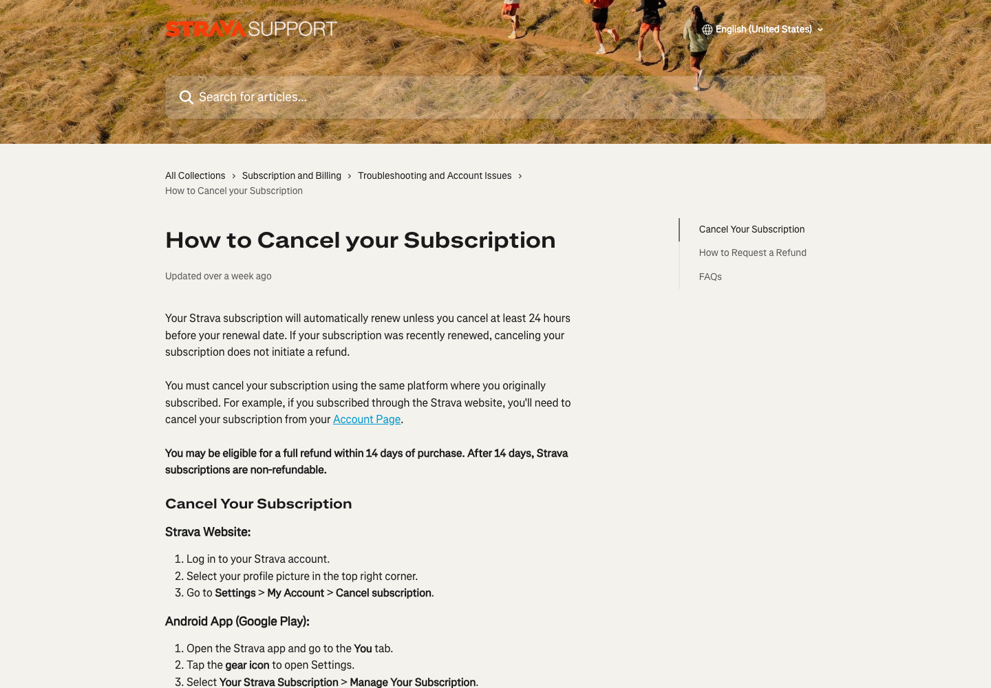 Strava Support article showing cancellation steps and the 24-hour renewal cutoff