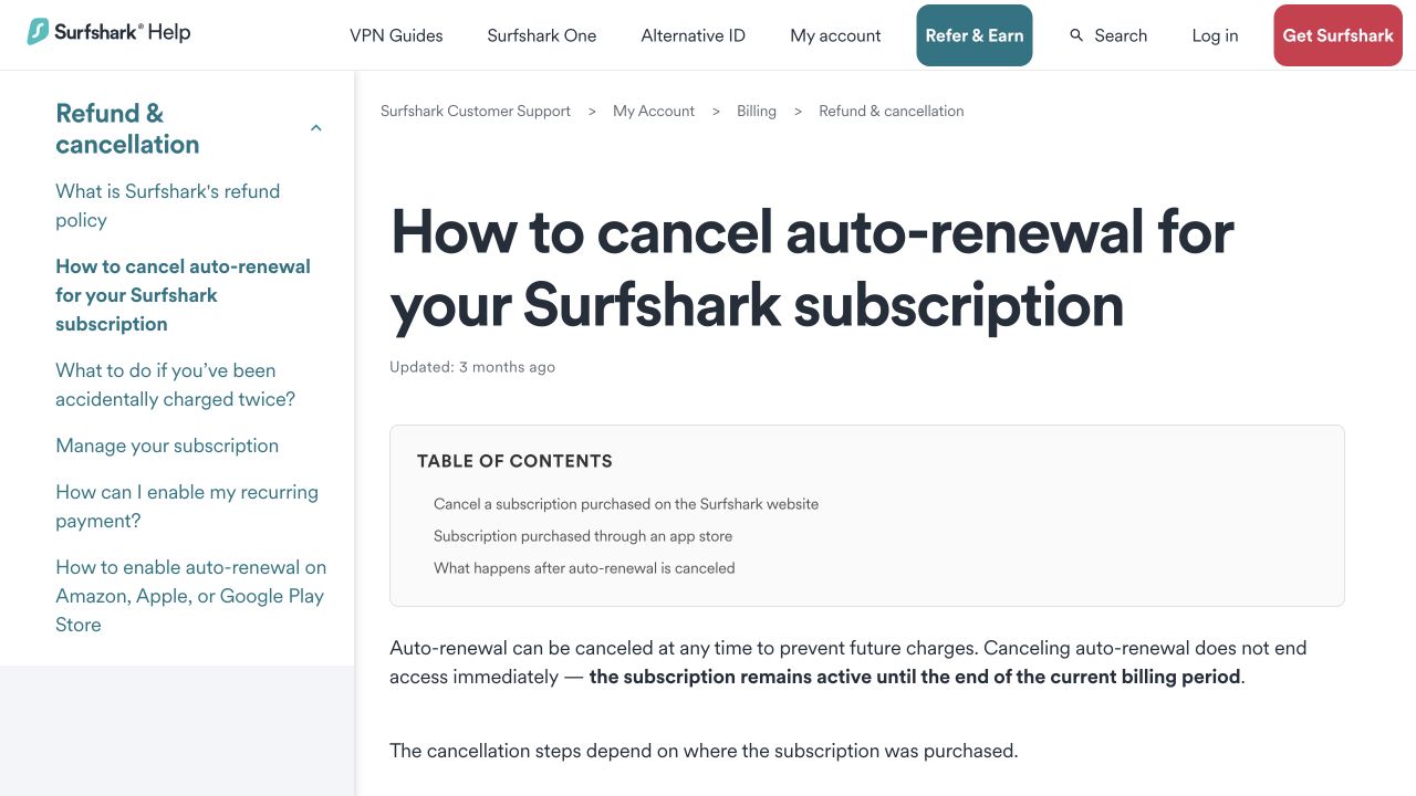 Official Surfshark cancellation help page