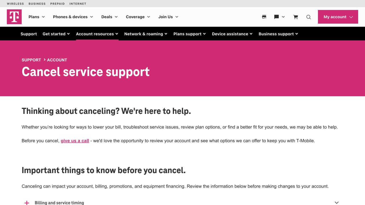 T-Mobile public support page explaining how to cancel service