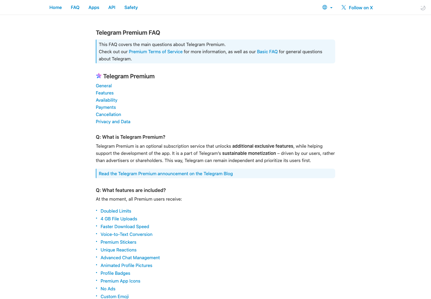 Telegram Premium official public support page used to verify this cancellation guide