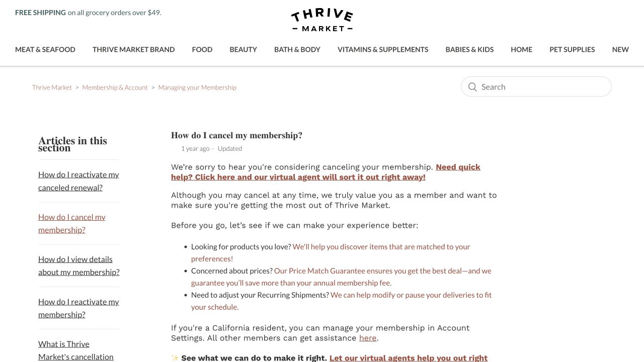 Thrive Market official membership cancellation instructions