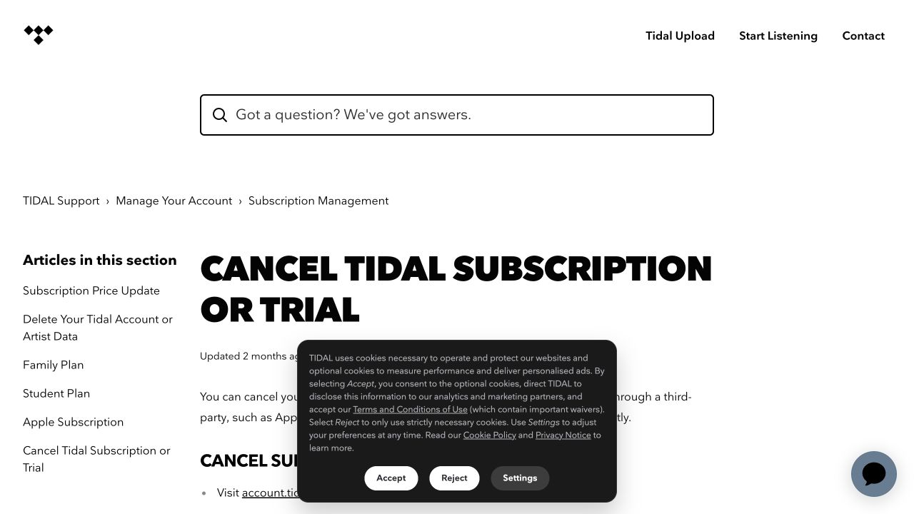 Official Tidal cancellation help page