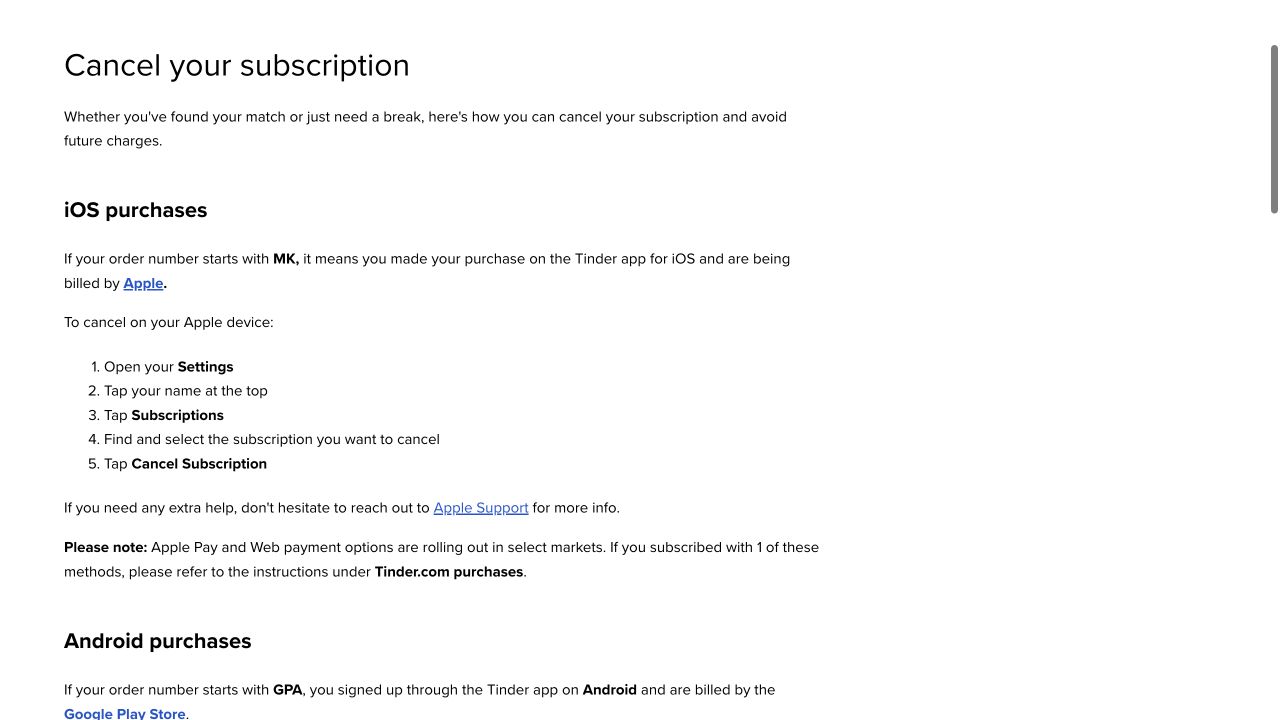 Tinder Help Center showing subscription cancellation steps by billing platform