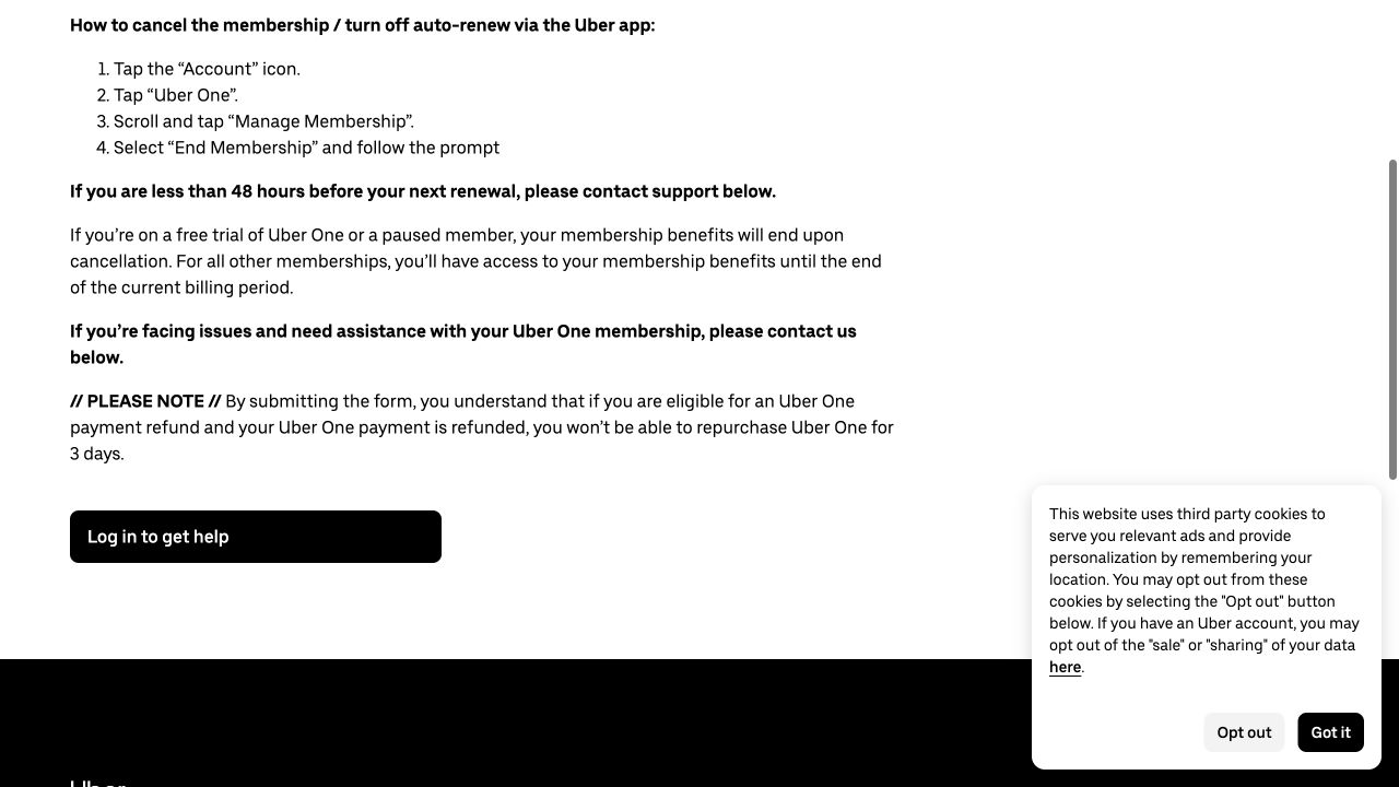 Uber public Help page listing the steps to end an Uber One membership in the app