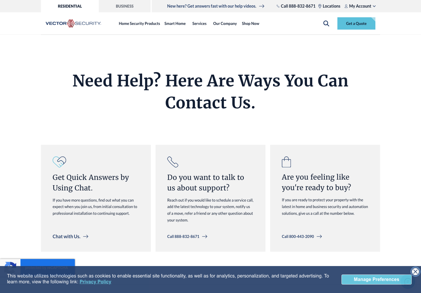 Vector Security official public support page used to verify this cancellation guide