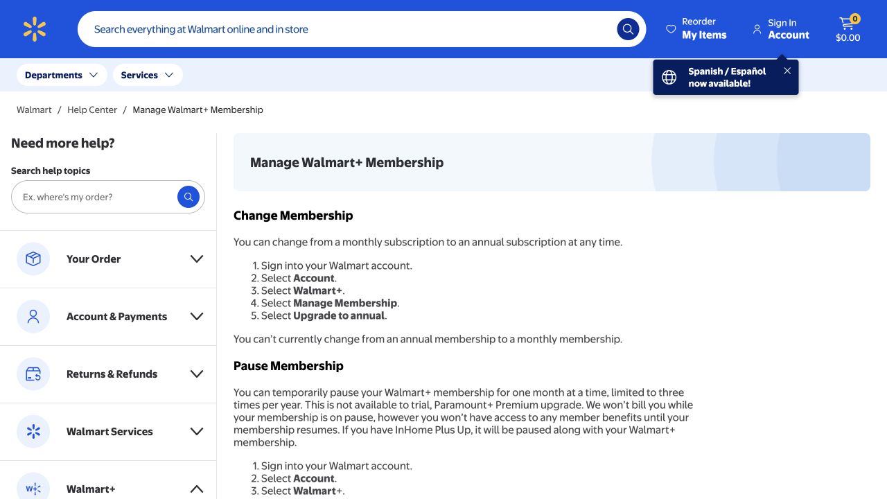 Official Walmart Plus cancellation help page