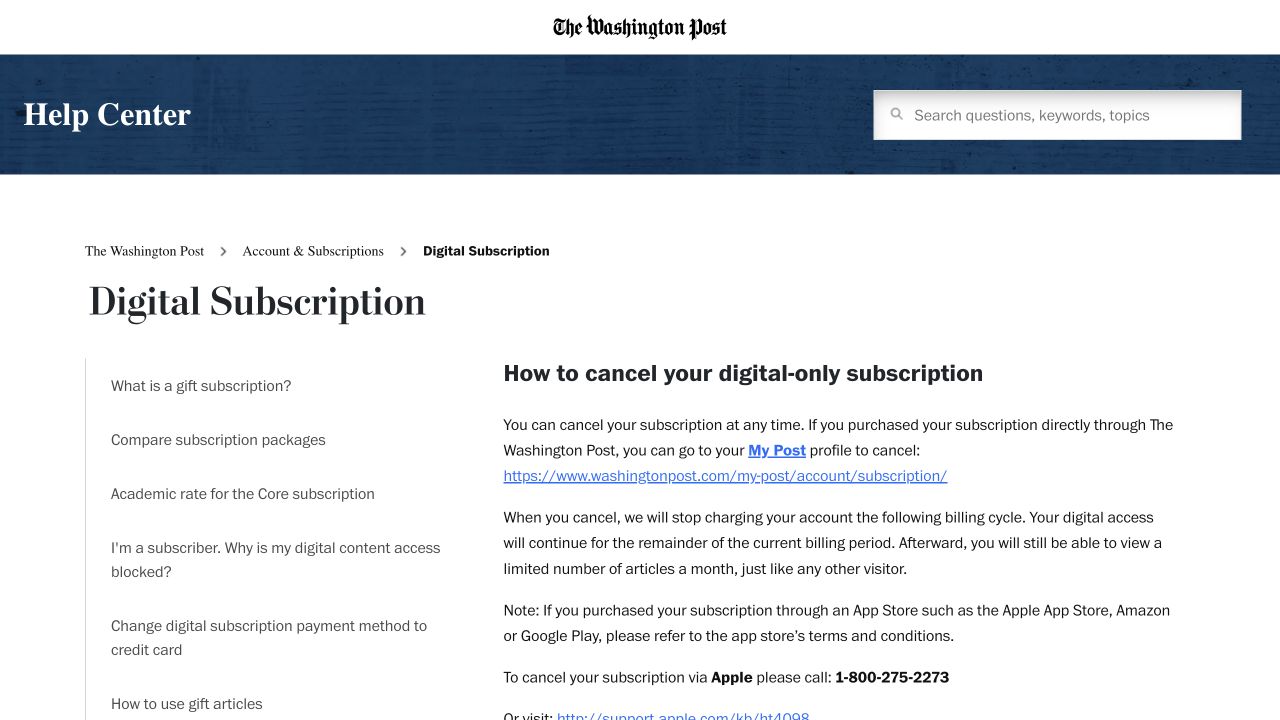 Washington Post official digital subscription cancellation guidance
