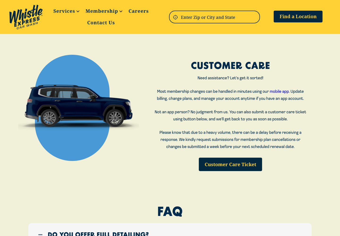 Whistle Express Car Wash official public support page used to verify this cancellation guide