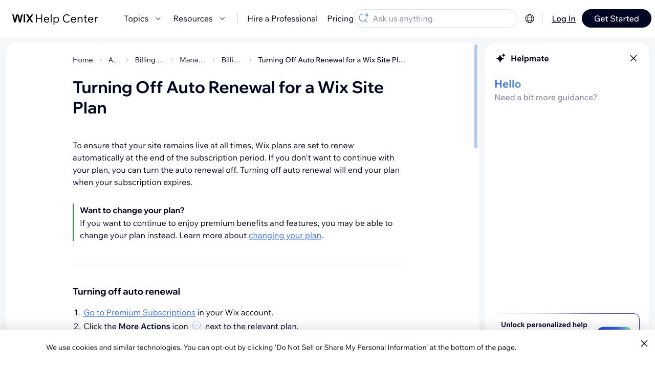 Official Wix cancellation help page