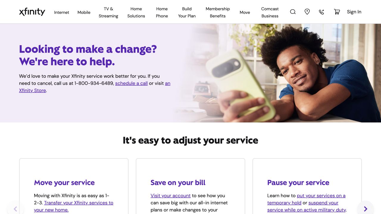 Xfinity public cancellation page showing the phone, scheduled-call, and store cancellation options