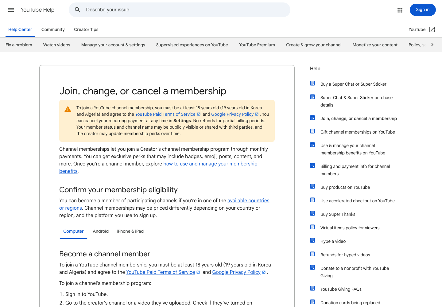 YouTube Channel Membership official public support page used to verify this cancellation guide