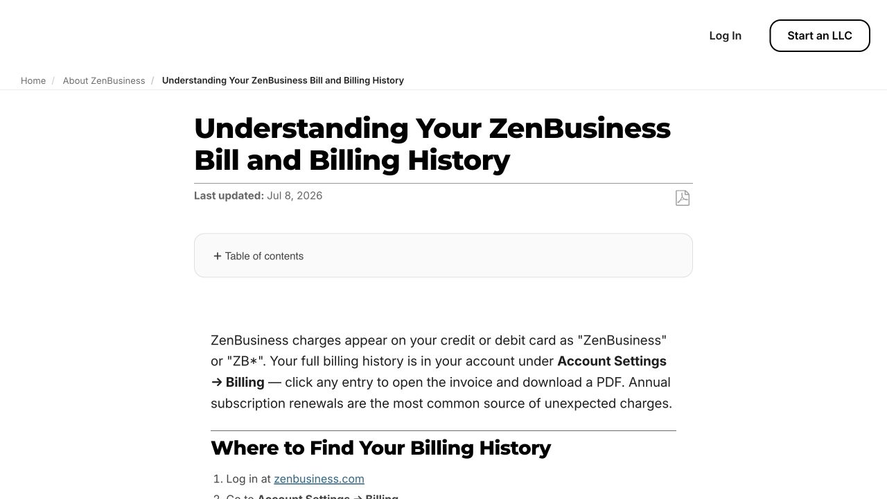 ZenBusiness official billing and renewal controls